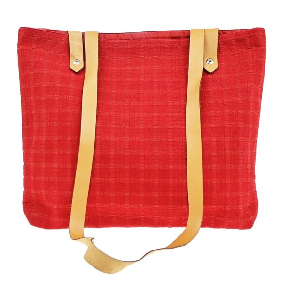 HERMES Logo Amedaba Cava de Bosch Shoulder Tote Bag Cotton Leather Red - Picture 1 of 16
